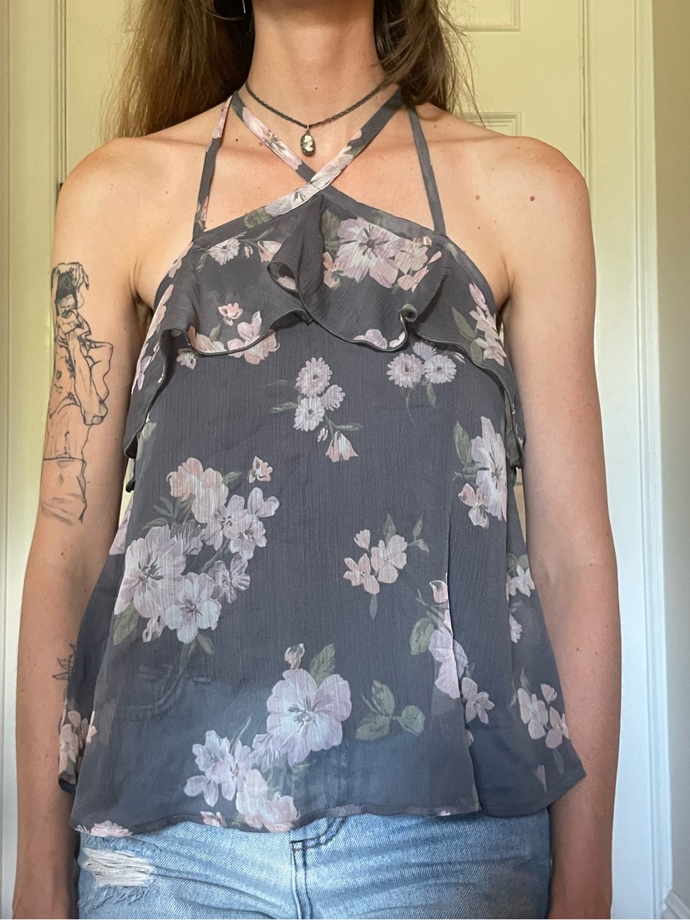 Floral Ruffle Halter Tank Top - Gray - Picture 2 of 7